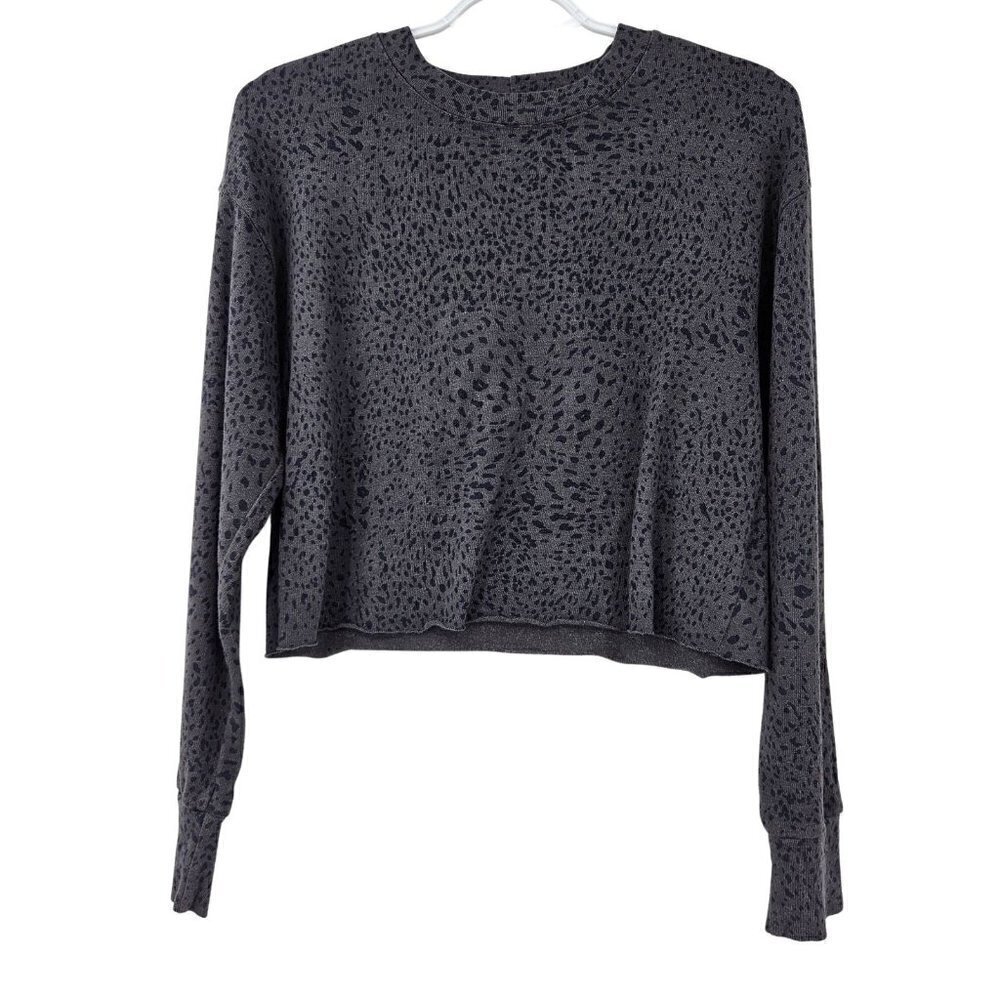 Monrow Mini Cheetah Cut Off Boyfriend Crop Sweatshirt Women's XS Gray Athleisure